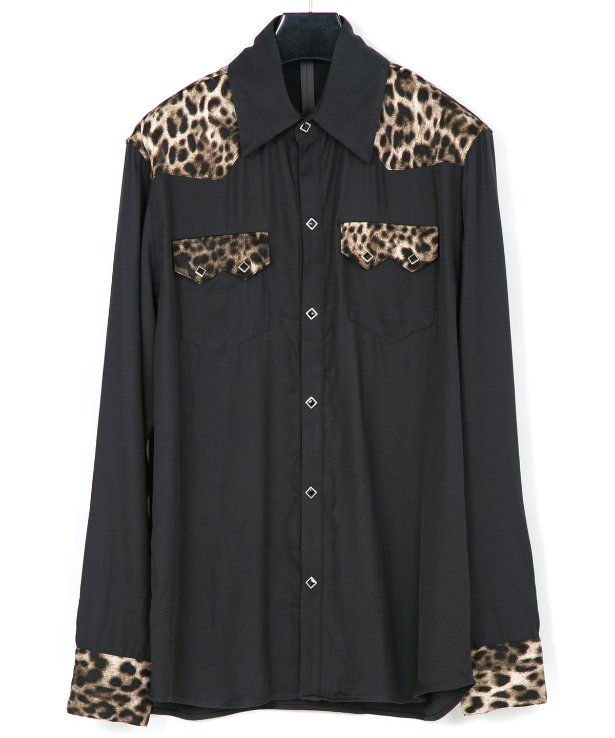 RayonTwill & Leopard Printed Satin Western Shirts - BLACK×LEOPARD