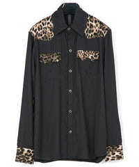 RayonTwill & Leopard Printed Satin Western Shirts - BLACK×LEOPARD