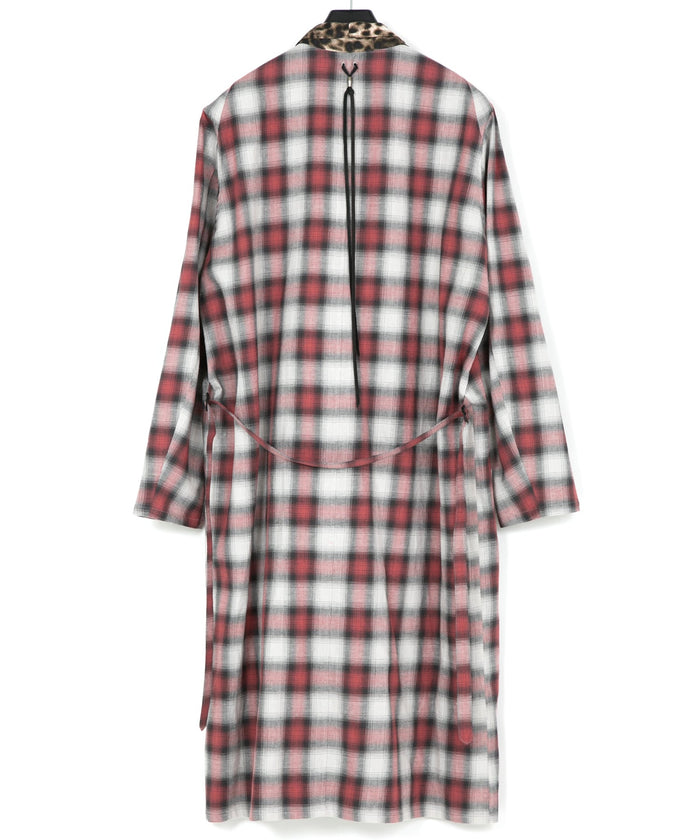 コットン リネン ラミー オンブレチェック ツイール & ポリエステルレオパードサテン ロングガウン - RED CHECK×LEOPARD