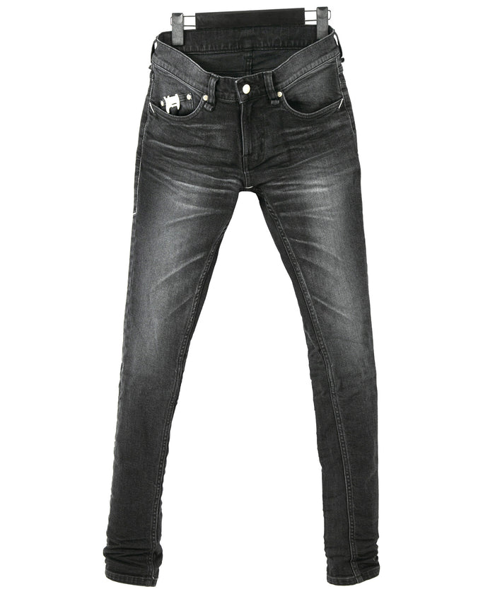 11oz オーガニックコットン SKINNY JOHN ストレッチデニム スキニー ユーズド加工 - BLACK