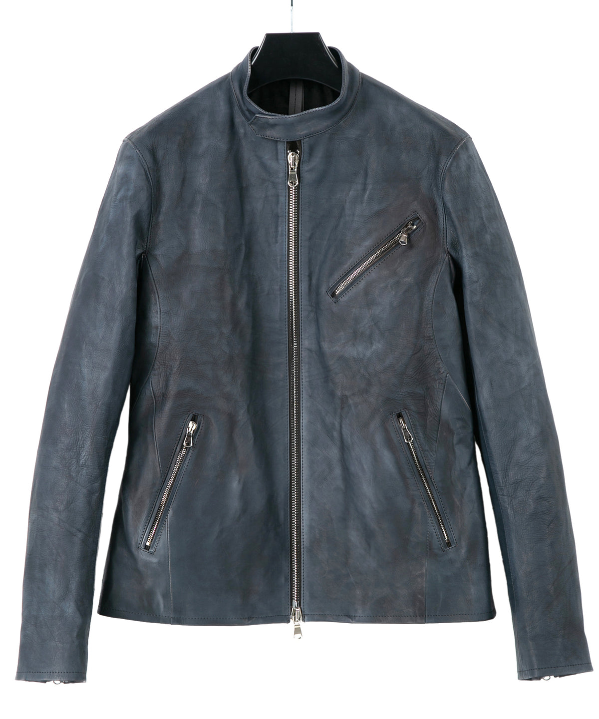 フルタンニン鞣し カーフスキン Burning dyed - 燃焼製品染め SLATER シングルライダースジャケット - GUNBLUE