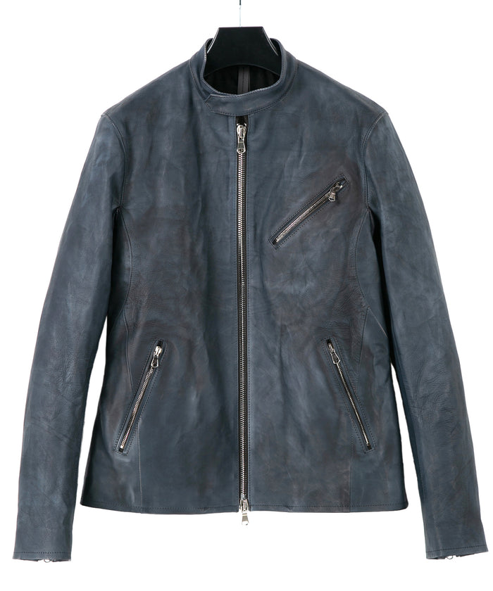 フルタンニン鞣し カーフスキン Burning dyed - 燃焼製品染め SLATER シングルライダースジャケット - GUNBLUE