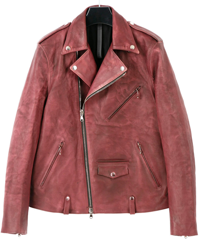 【直営店限定】フルタンニン鞣し カーフスキン Burning dyed - 燃焼製品染め JOEY ダブルライダースジャケット - BURGUNDY