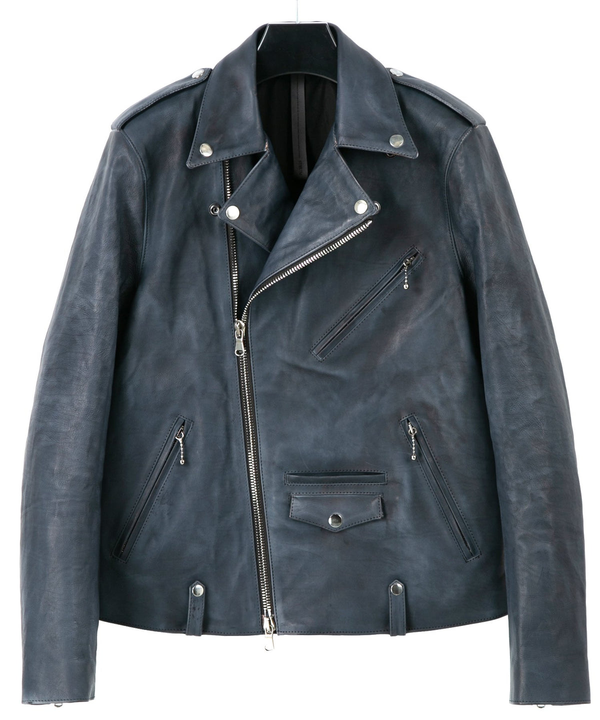 フルタンニン鞣し ジャパンカーフスキン Burning dyed - 燃焼製品染め JOEY ダブルライダースジャケット - GUNBLUE