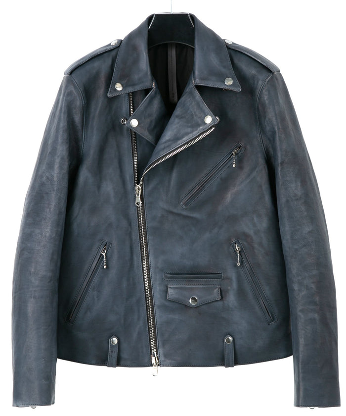 フルタンニン鞣し ジャパンカーフスキン Burning dyed - 燃焼製品染め JOEY ダブルライダースジャケット - GUNBLUE