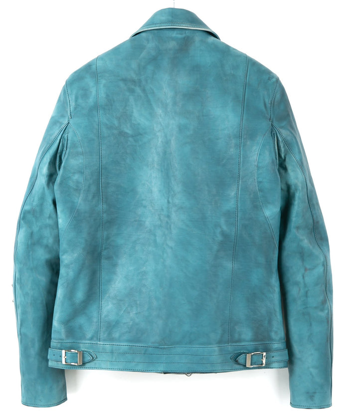 フルタンニン鞣し ジャパンカーフスキン Burning dyed - 燃焼製品染め SPEEDER ダブルライダースジャケット - BLUE GREEN