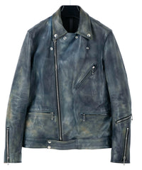 フルタンニン鞣し カーフスキン Burning dyed - 燃焼製品染め SPEEDER ダブルライダースジャケット - GUNBLUE