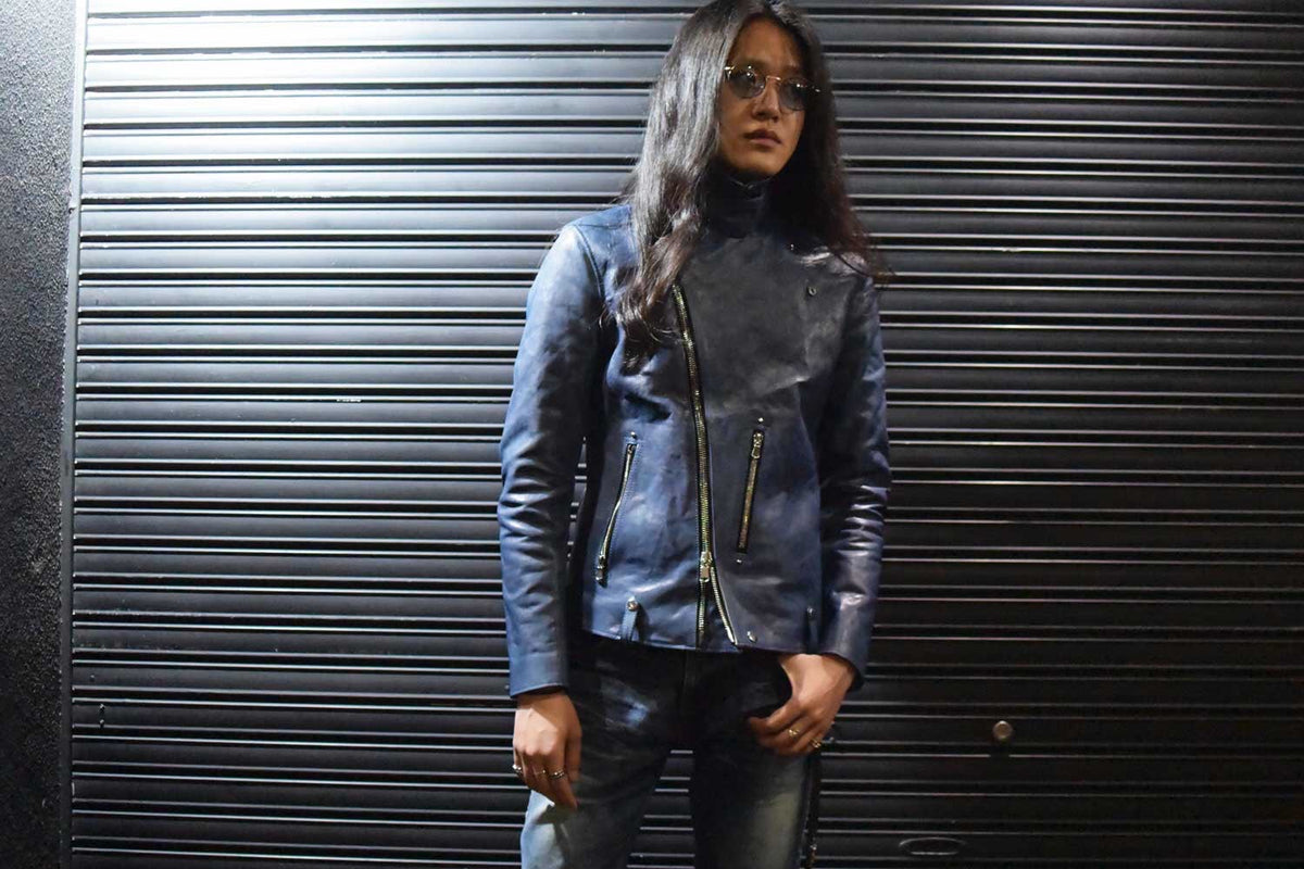 フルタンニン鞣し ジャパンカーフスキン Burning dyed - 燃焼製品染め HI-FLYER ダブルライダースジャケット - BLUE