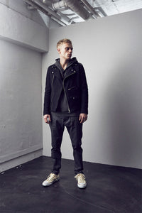 ウールコットン ネップ起毛ストレッチツイード 墨染め ダブルライダースジャケット